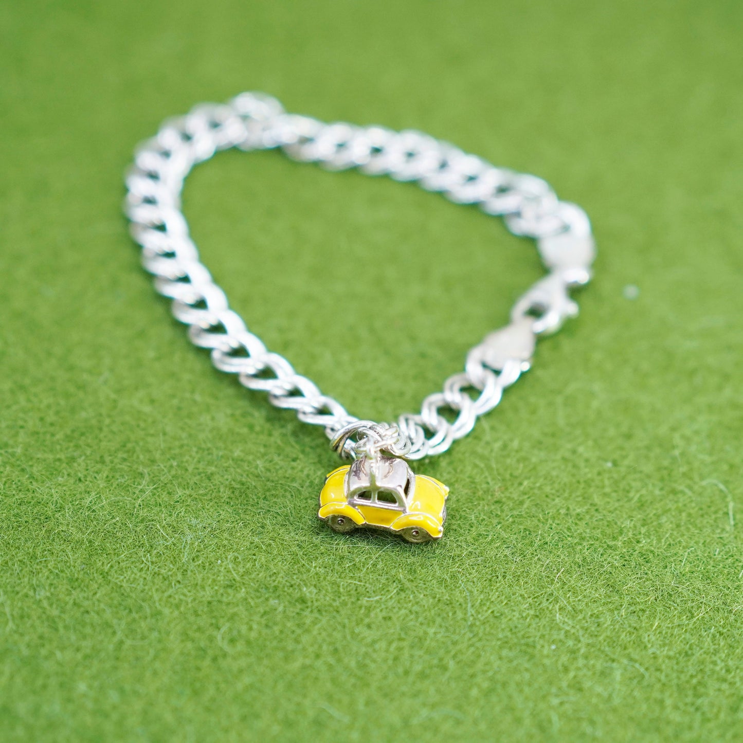 7”, sterling silver double curb bracelet, 925 chain enamel yellow cap car charm