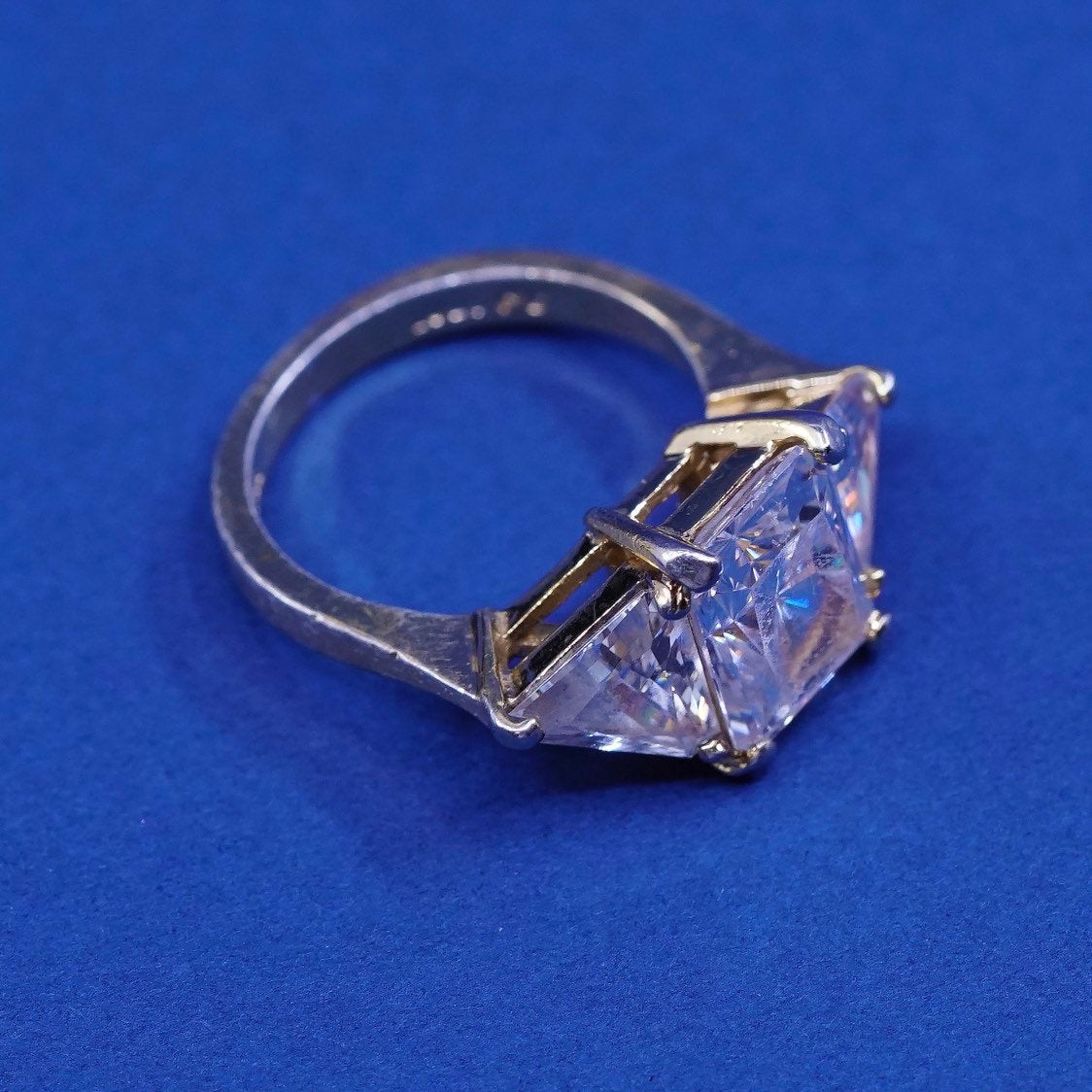 sz 6.25, vtg Vermeil Sterling silver engagement ring, gold over 925 w/ Cz