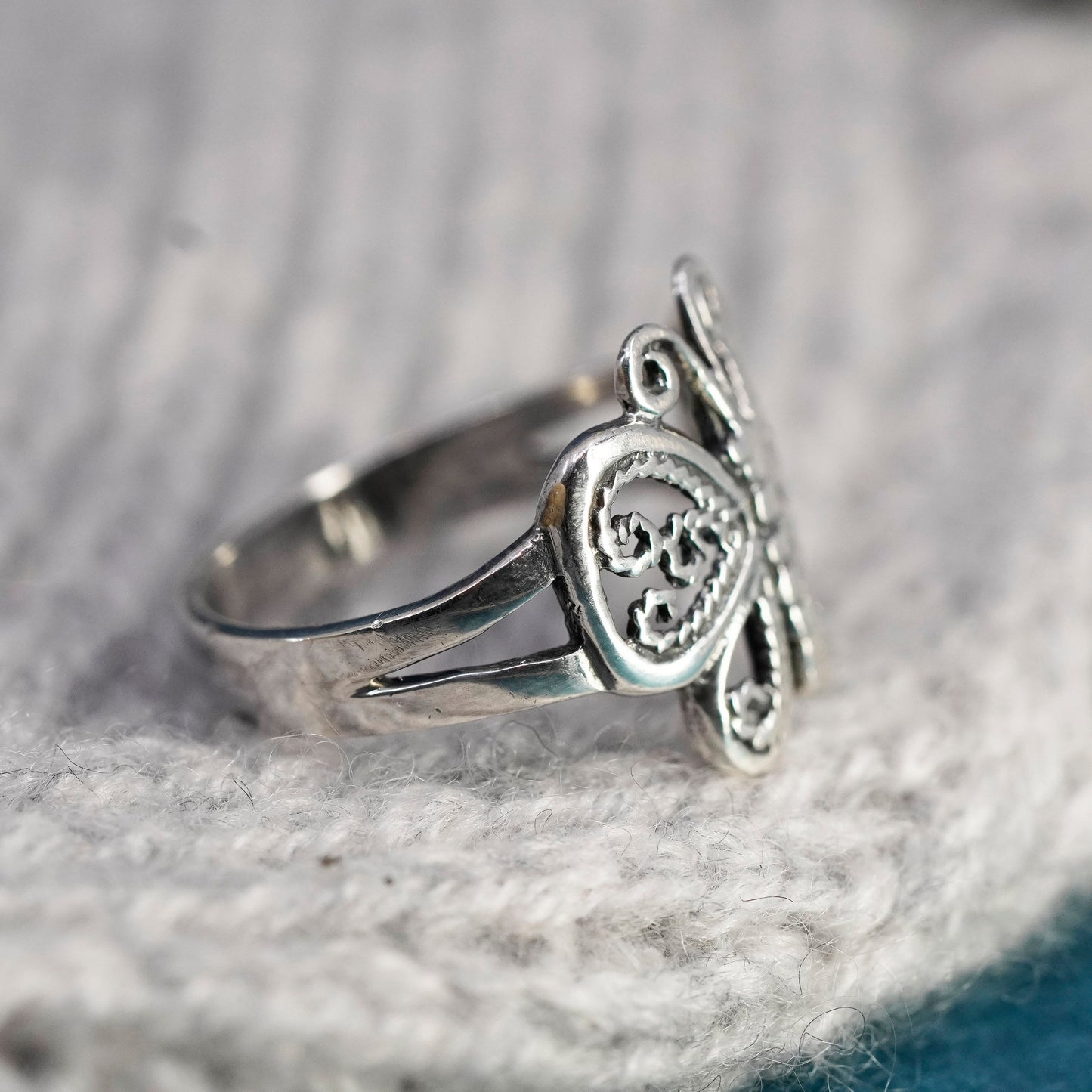 Size 7, vintage sterling silver handmade ring, 925 filigree butterfly band