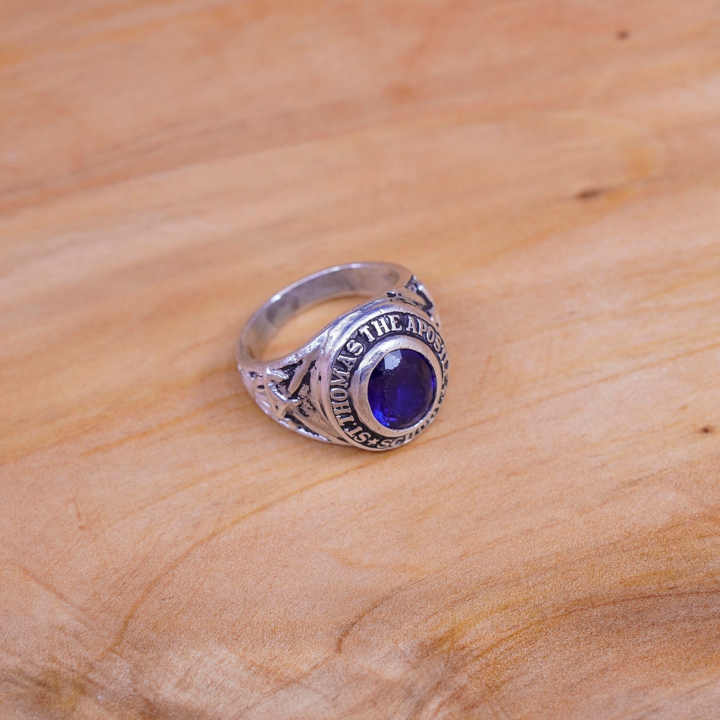 Size 7, vintage Sterling 925 silver handmade ring with sapphire and name Thomas