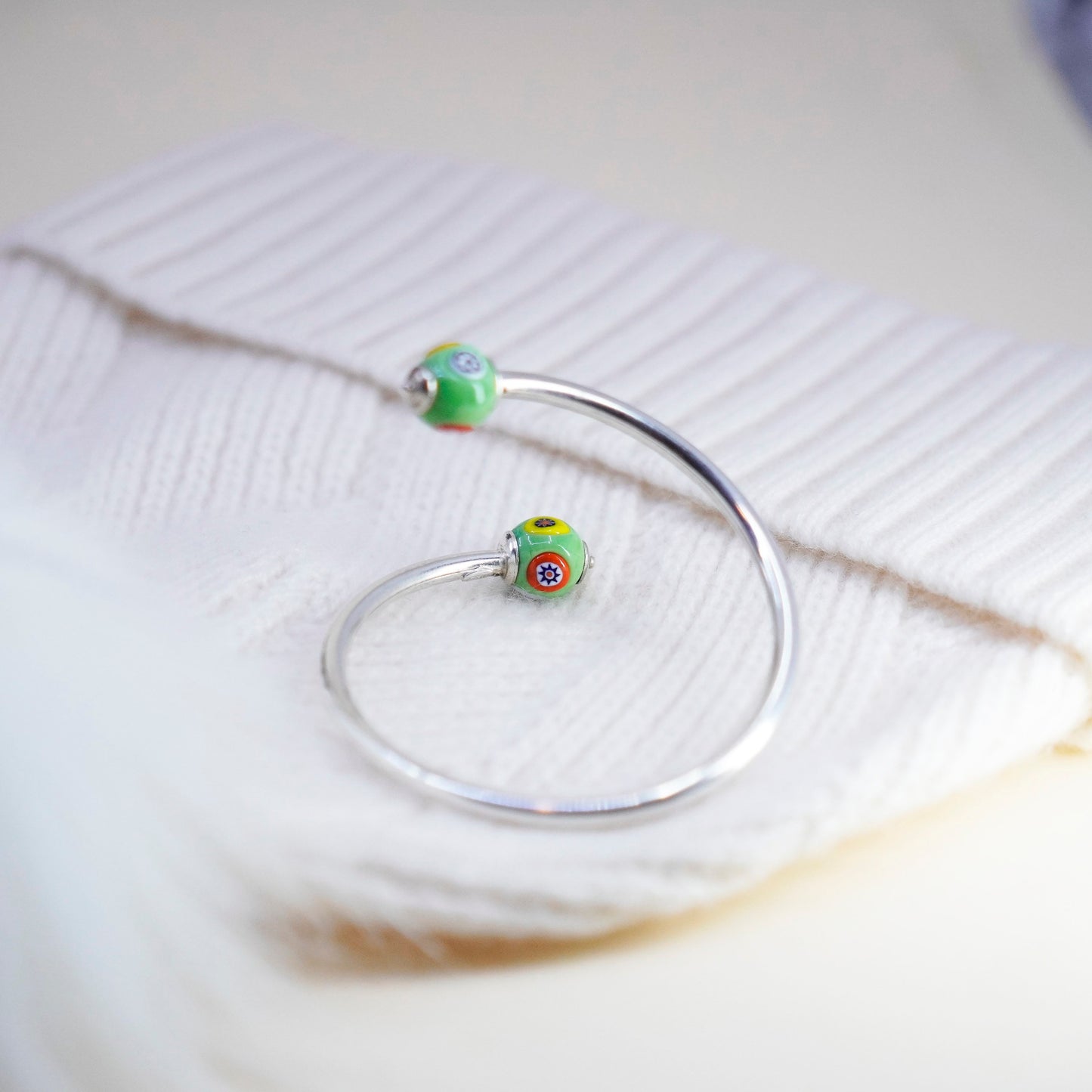 6.75”, sterling silver bracelet, 925 cuff wrap bangle with murano floral glass
