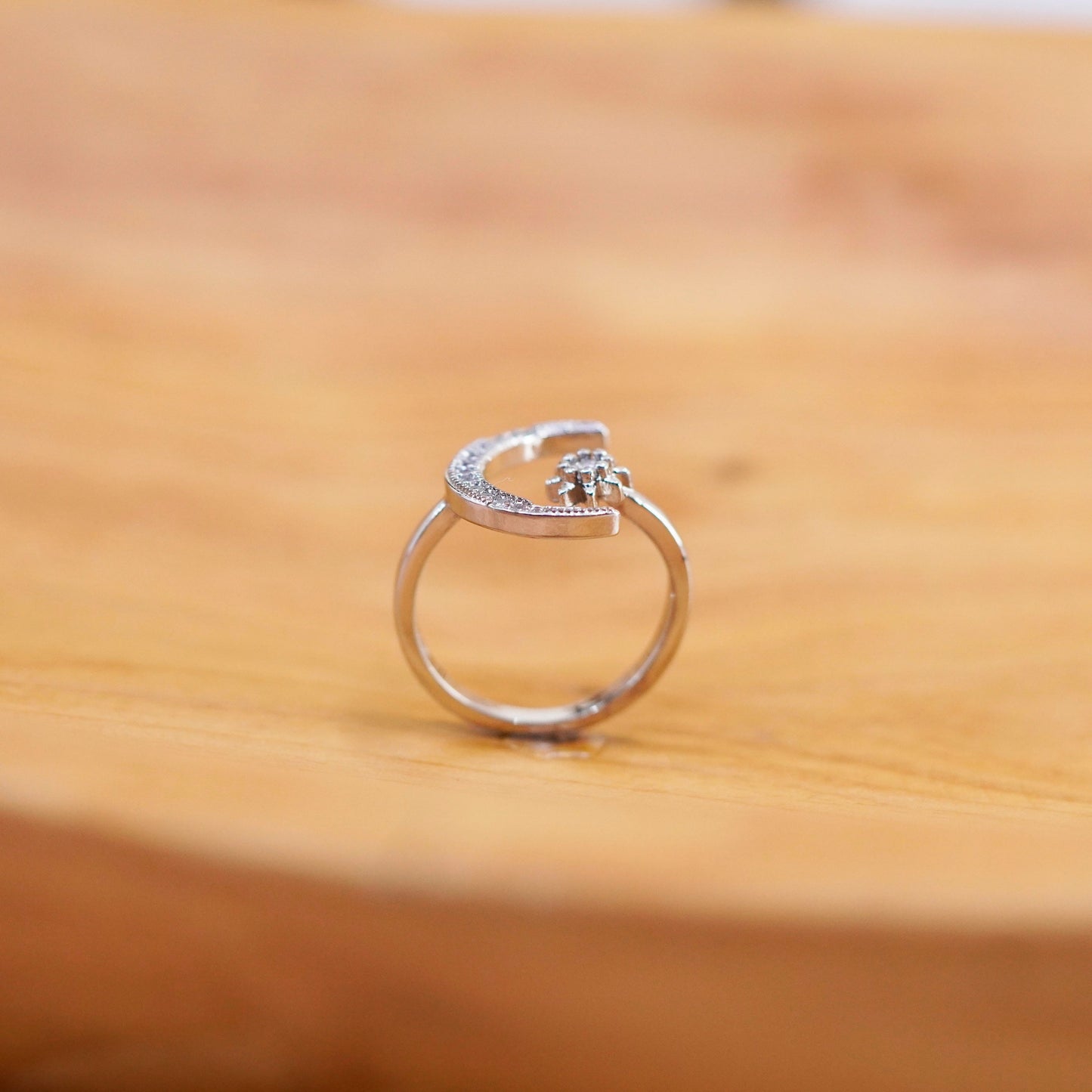 Size adjustable , vintage Sterling 925 silver star moon ring with cluster cz