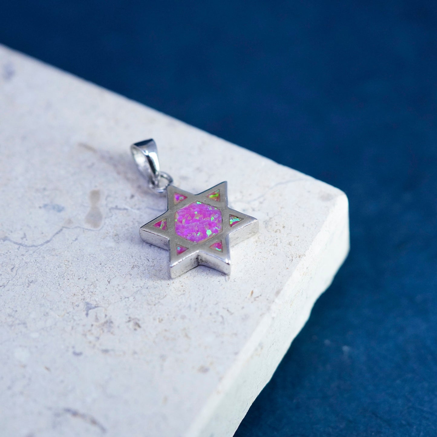 Vintage Sterling silver handmade pendant, 925 hexagram star opal charm