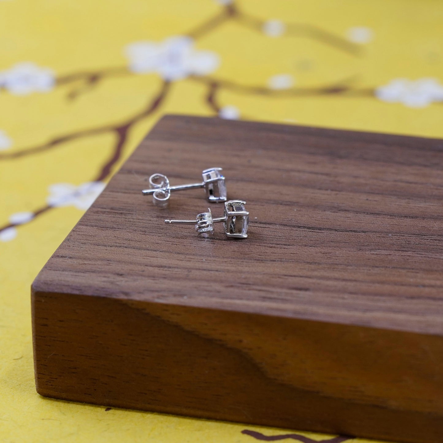 4mm, Vintage Sterling 925 silver clear cz studs, square earrings