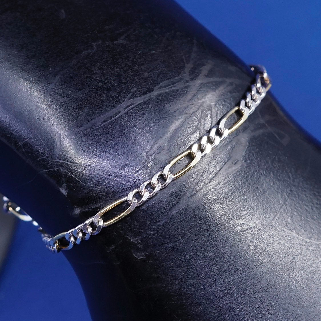 7", 3mm, vtg Sterling silver figaro bracelet, chain, stamped 925 Italy SU