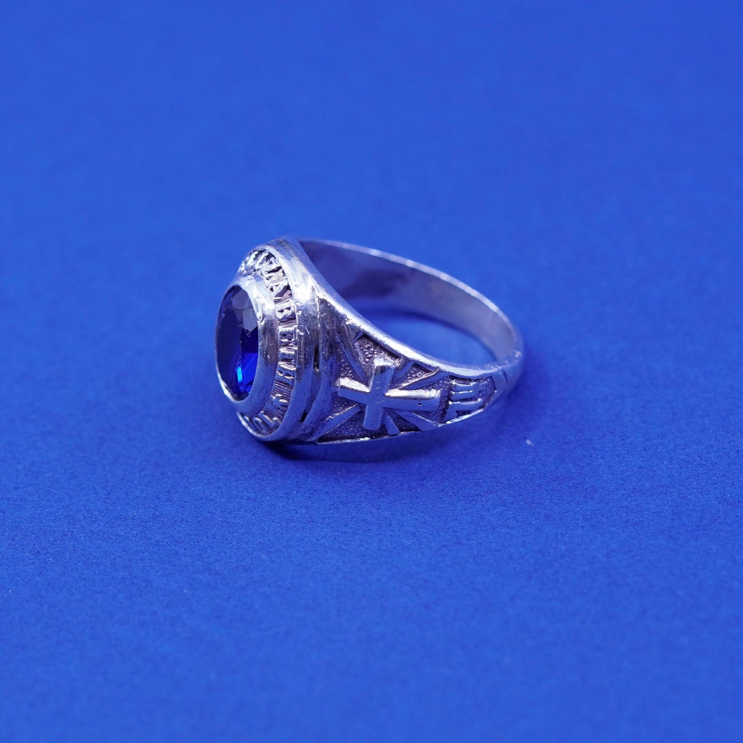 Size 9.5, vintage 1974 sterling 925 silver handmade ring w/ blue topaz and name