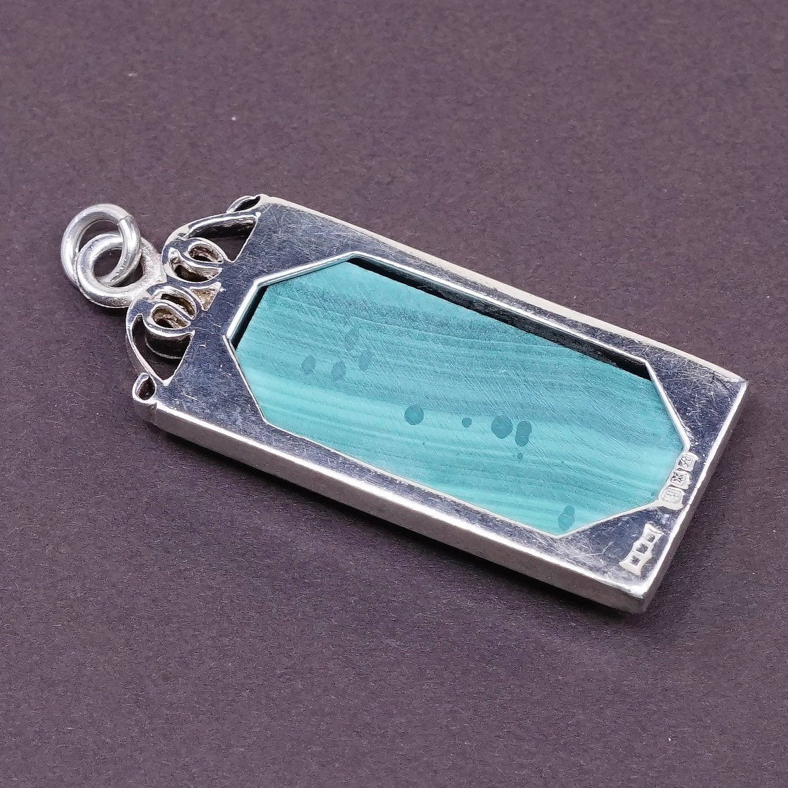 vtg mexico Sterling silver handmade pendant w/ rectangular malachite