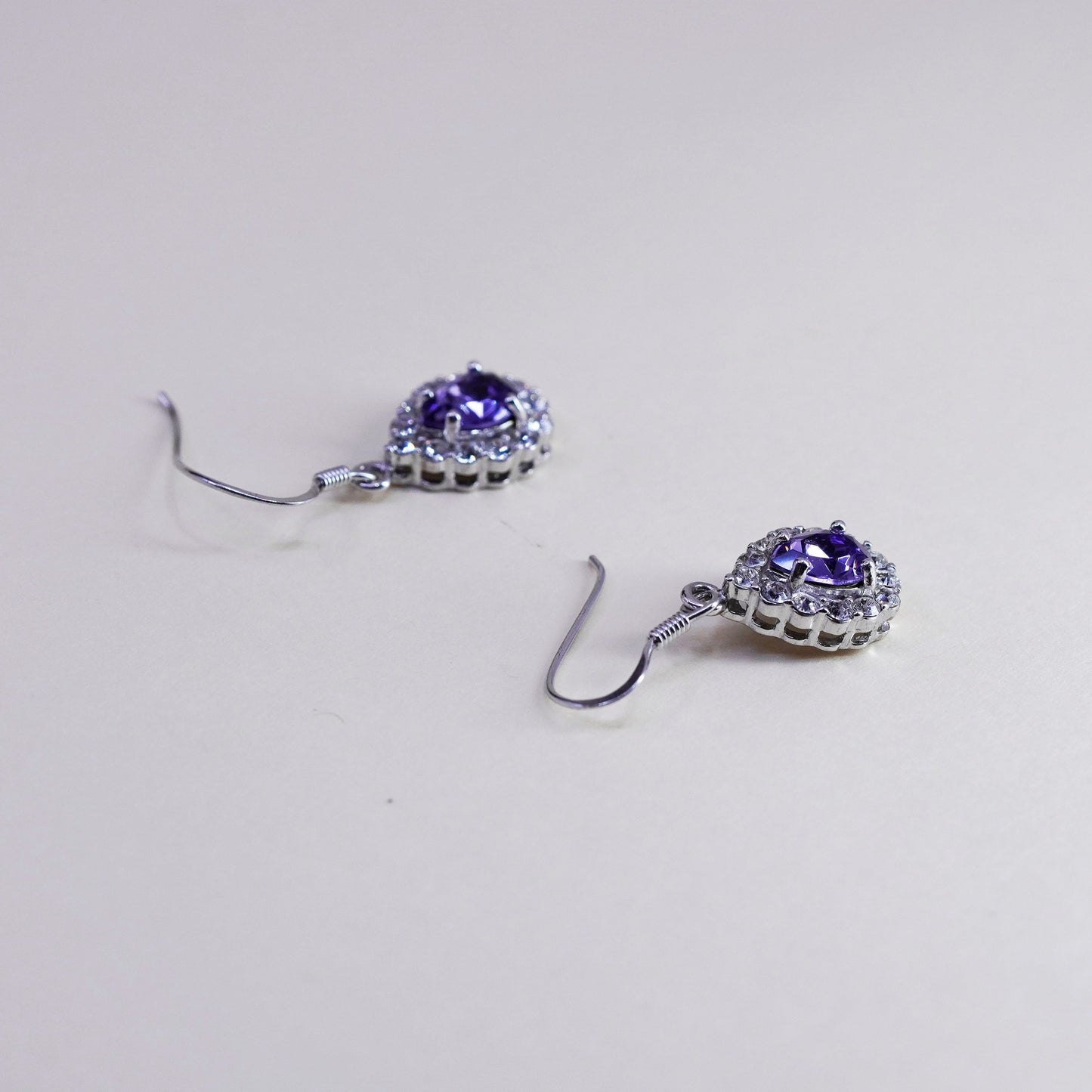 Vintage Sterling 925 silver handmade earrings, teardrop purple Cz dangles