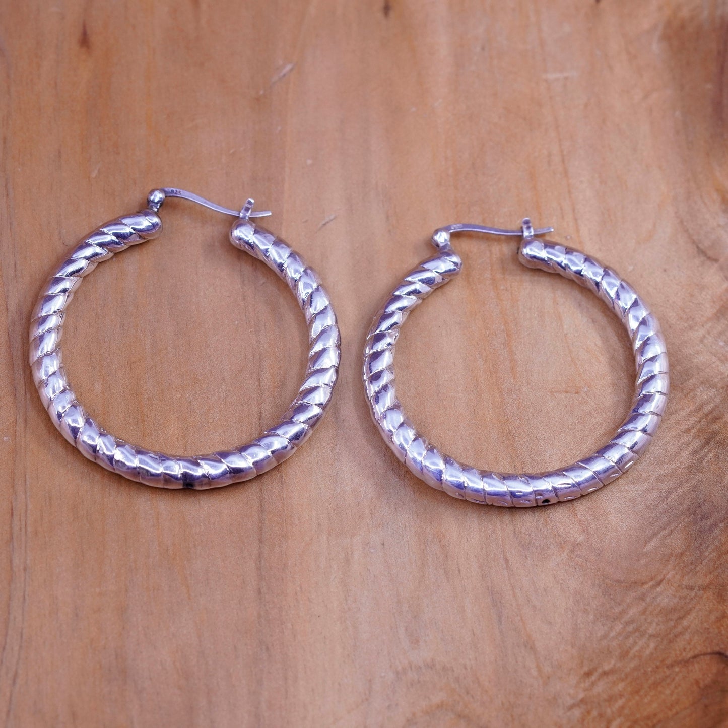 1.5”, vintage Sterling silver handmade earrings, bold 925 textured hoops