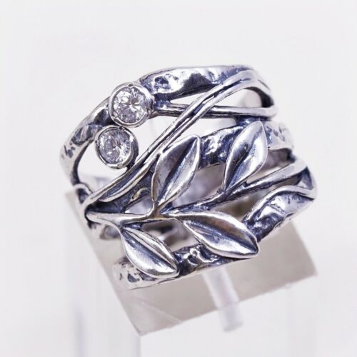Sz 7, Vtg Israel Sterling Silver Handmade Ring, 925 Leaves Band W Cz