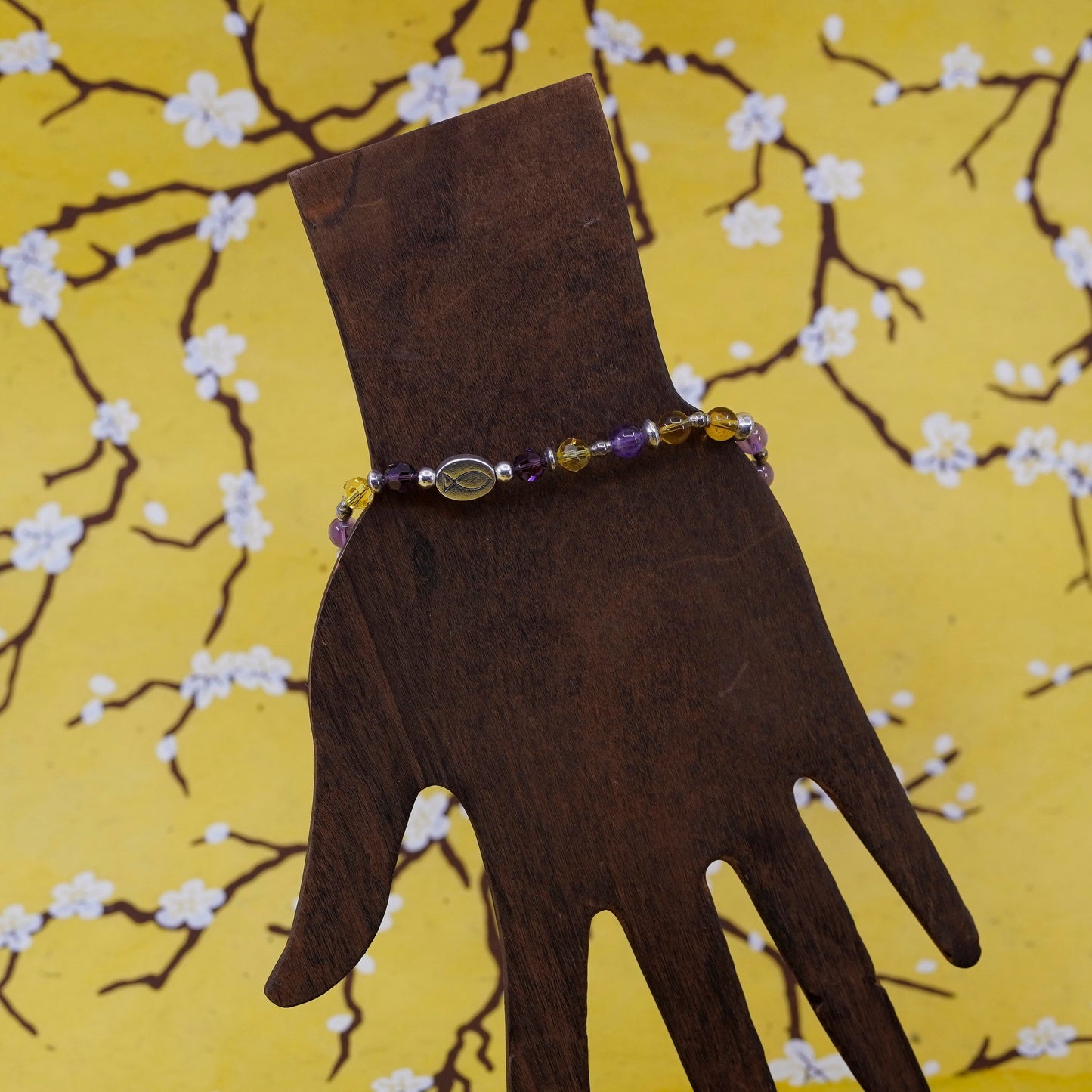 8”, Sterling silver handmade amethyst citrine beads bracelet with “Jesus” charm