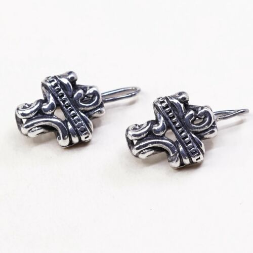 Vtg ATI Sterling Silver Handmade Earrings, Filigree Bali 925 Cross Dangles