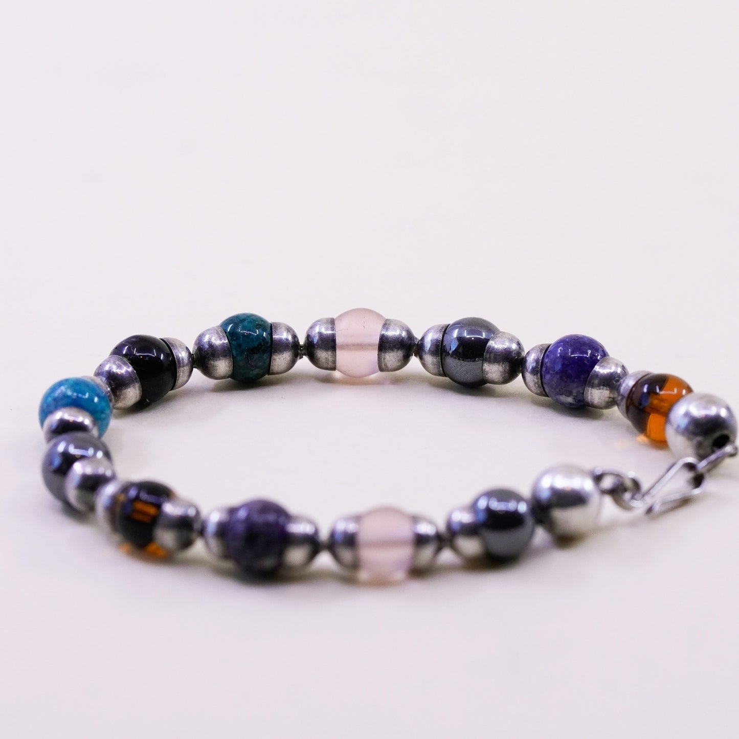6.75”, Mexico Sterling 925 silver bracelet onyx sodalite jasper hematite amber