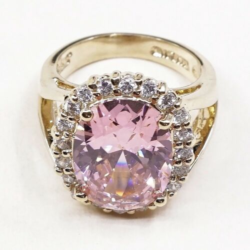 Sz 6.25, Gold Over Sterling Silver Ring, 925 Silver Cocktail Ring W/ pink Cz