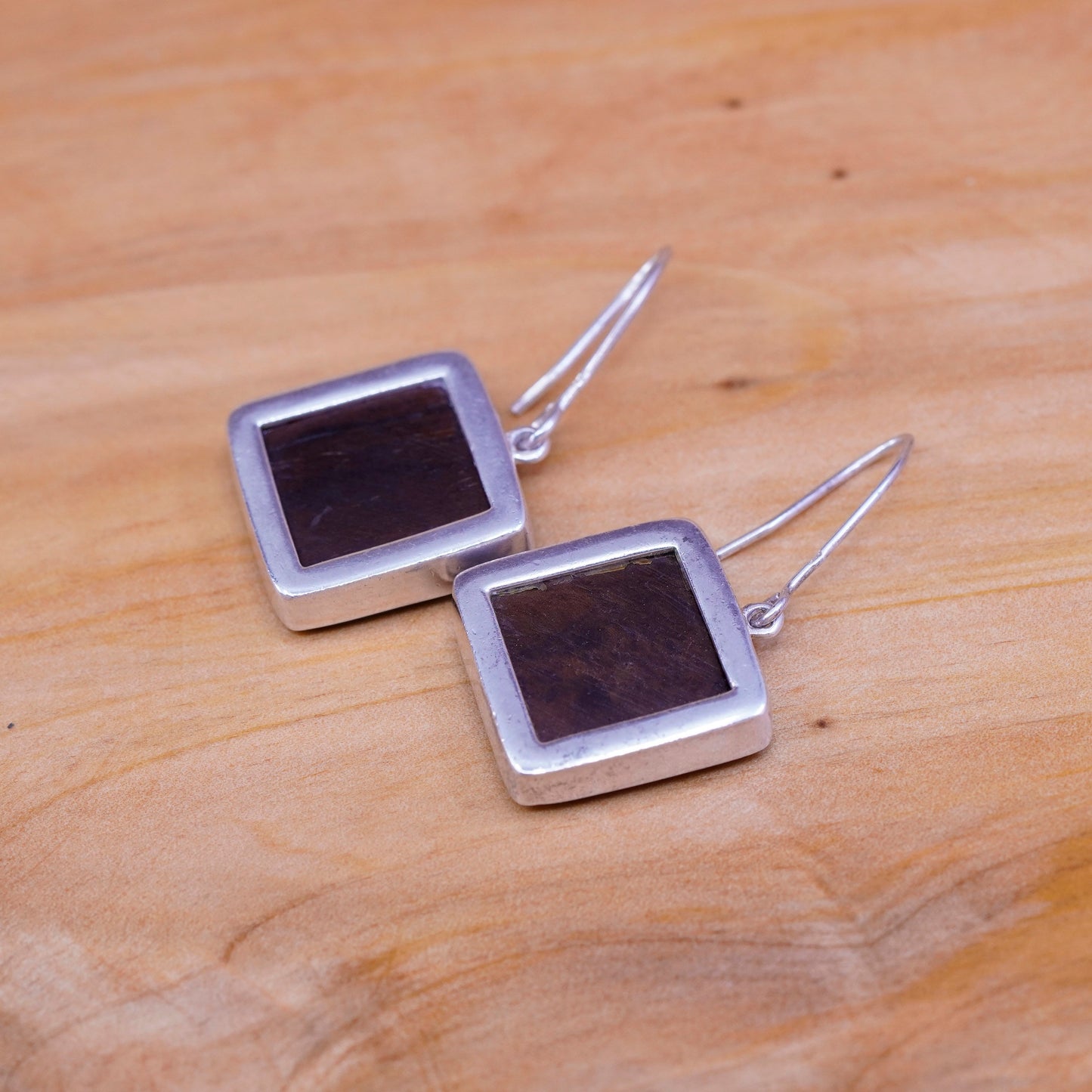 Vintage Sterling silver handmade earrings, 925 hooks with fossilized wood