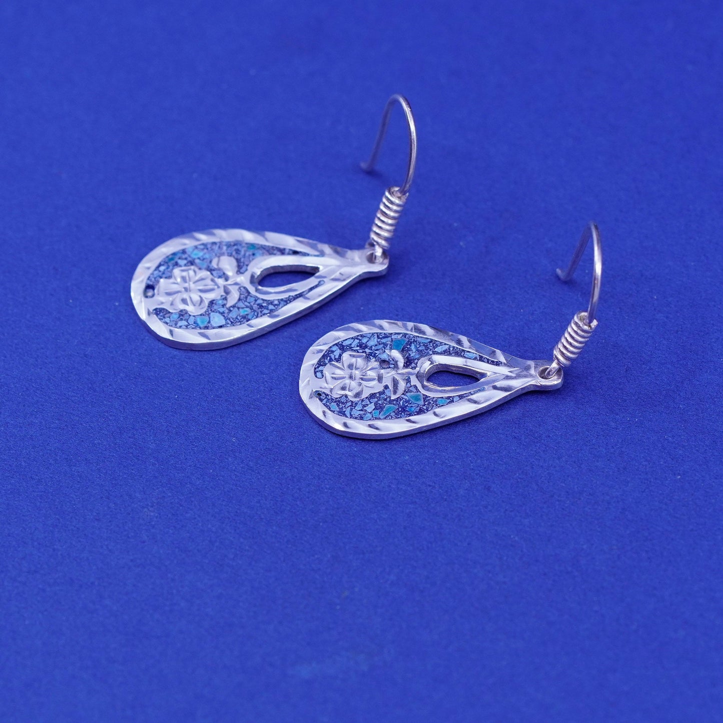 Vintage sterling 925 silver handmade teardrop earrings with turquoise inlay