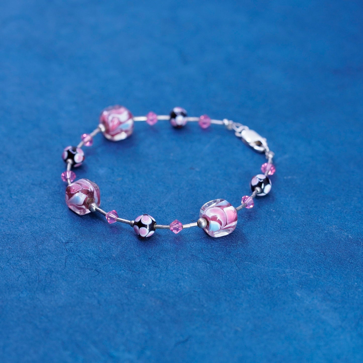 7”, Vintage handmade sterling silver bracelet with crystal and pink glass beads