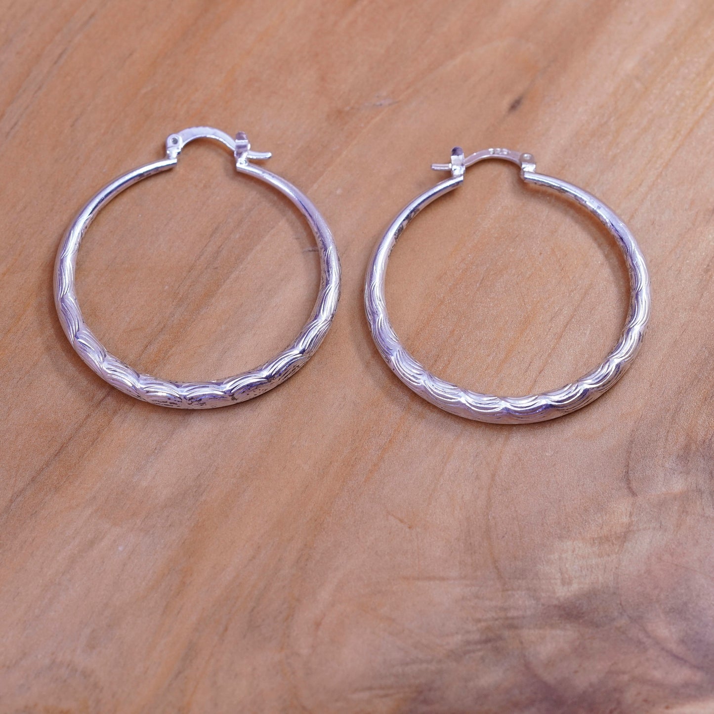 1.5”, vtg Italy Sterling silver handmade hoops, textured 925 huggie earrings