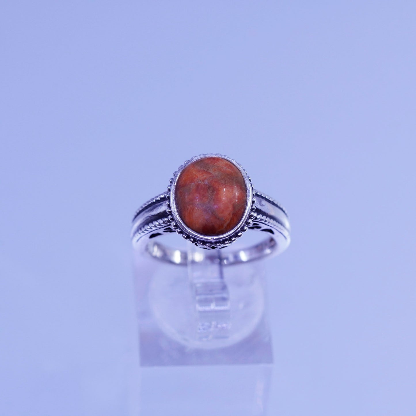 Size 7.25, vintage Sterling 925 silver handmade ring with red jasper and beads