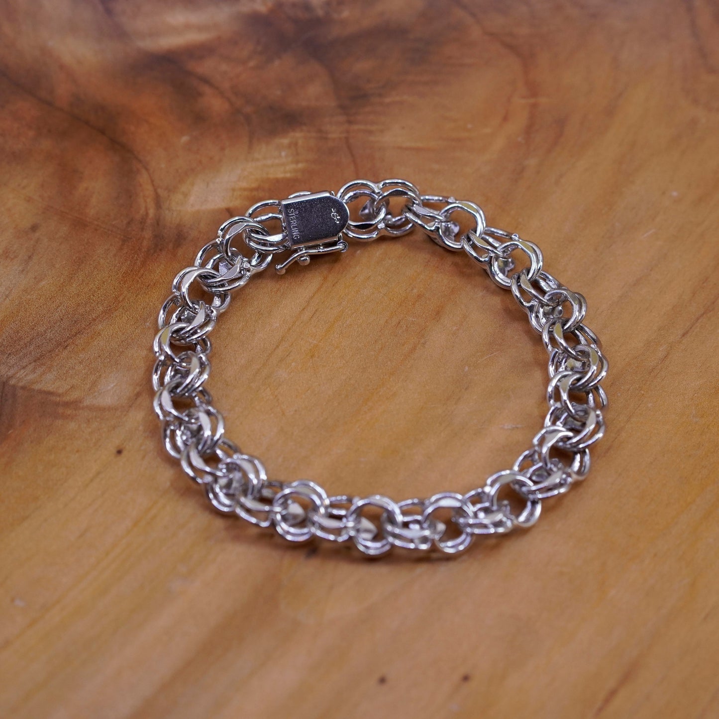 6.5”, vtg Sterling silver handmade double curb bracelet, 925 charm heart chain