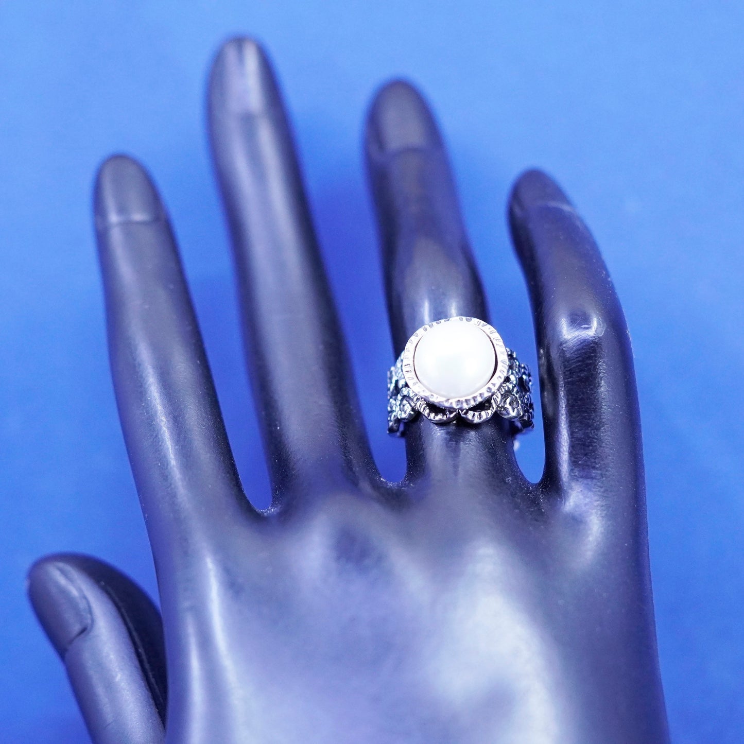 Size 5.5, vtg Israel Shablool Didae Sterling silver handmade beaded ring pearl