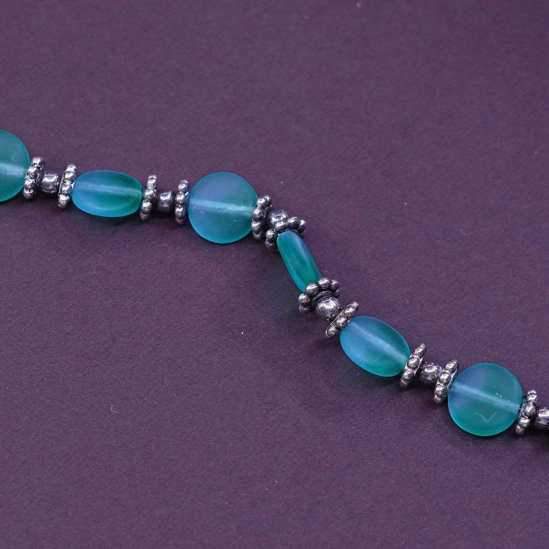 6", handmade bracelet, 925 clasp with green glass bracelet, silver tested