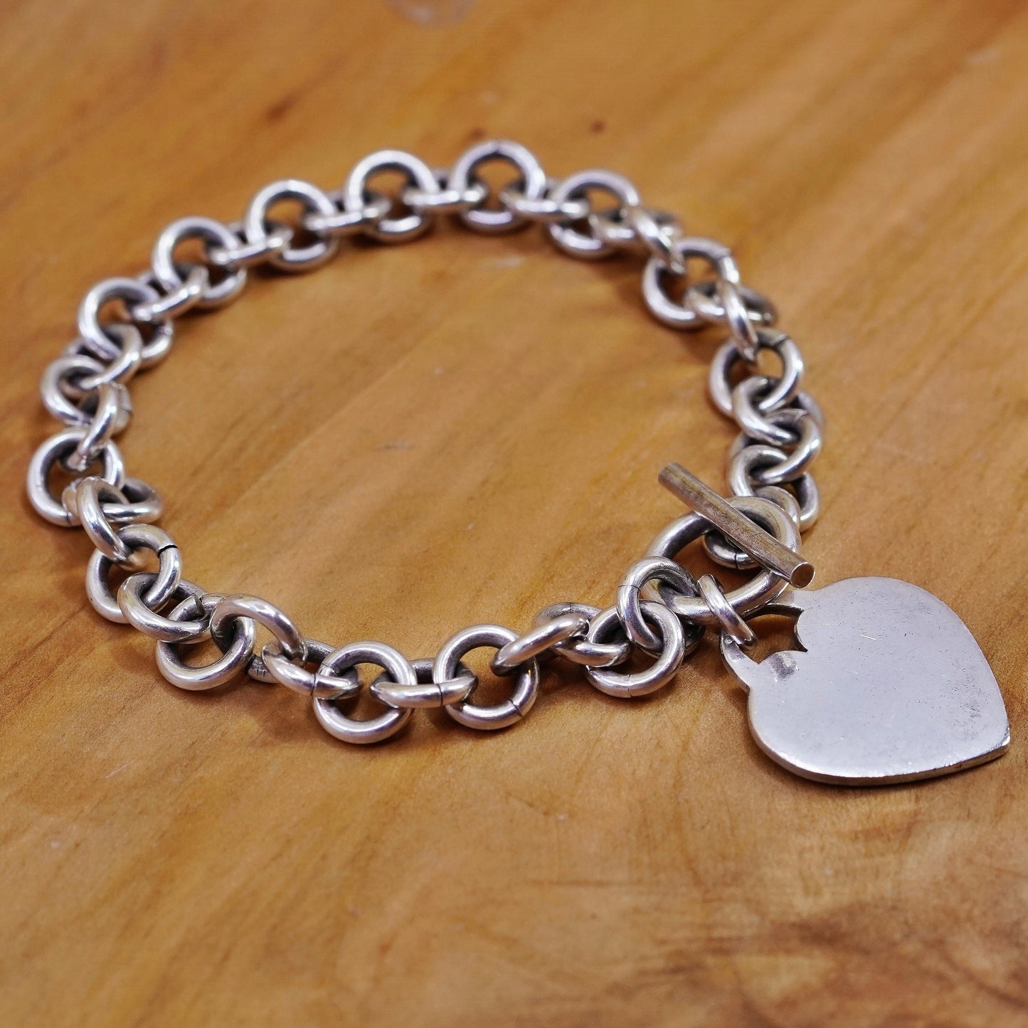 7.5”, Sterling silver handmade bracelet, 925 bold circle chain heart tag charm