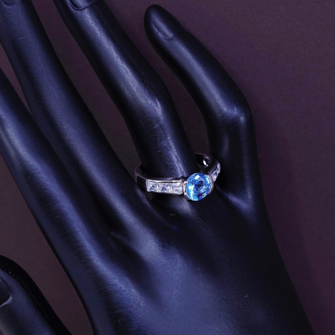 Size 9.5, vtg Sterling silver engagement ring, solid 925 w/ blue topaz and cz