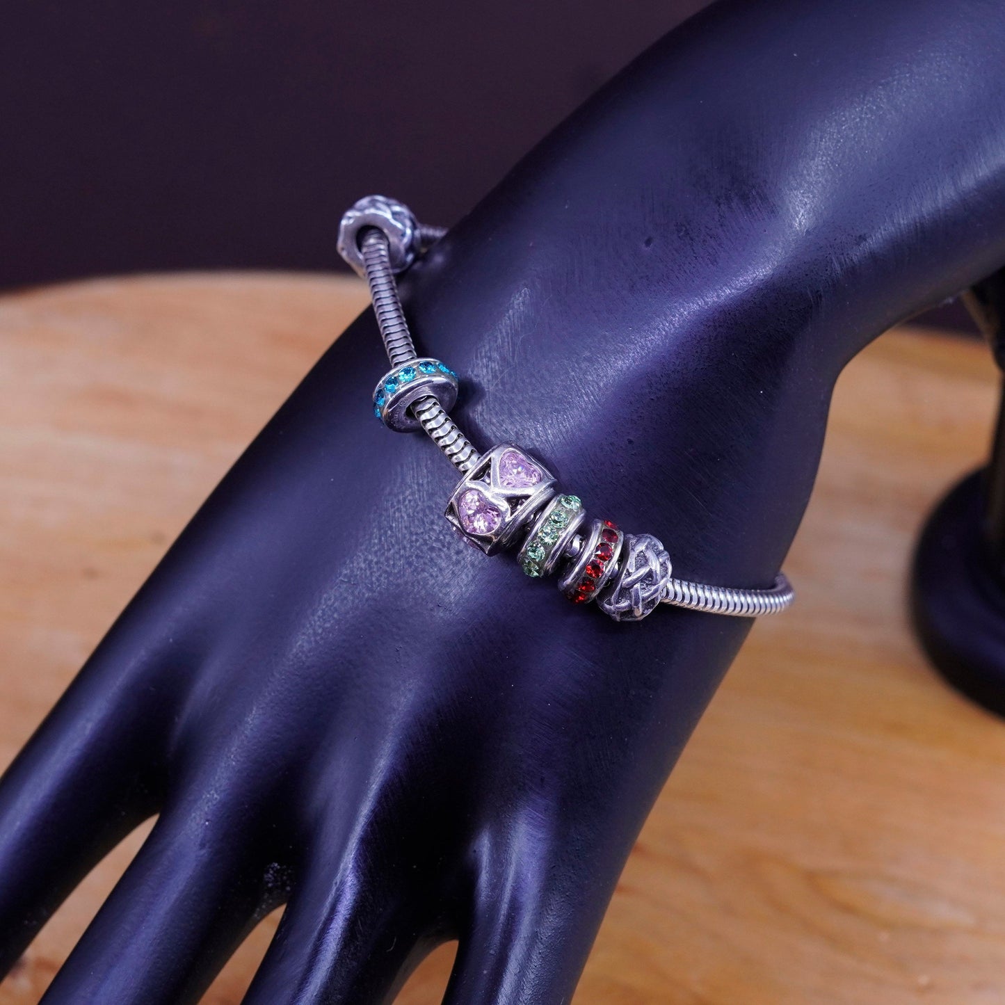 6.25”, RJ sterling silver bracelet, 925 snake chain charms memories heart