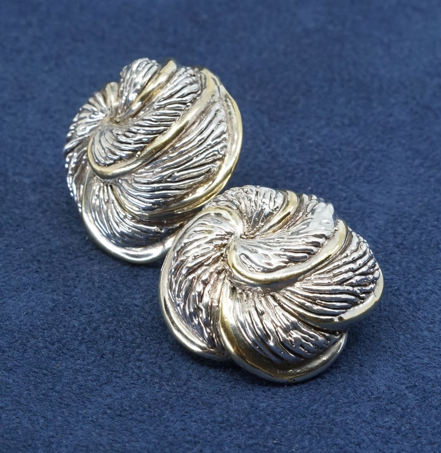 vtg OS 925 Large lightweight stud two tone Sterling silver handmade earrings