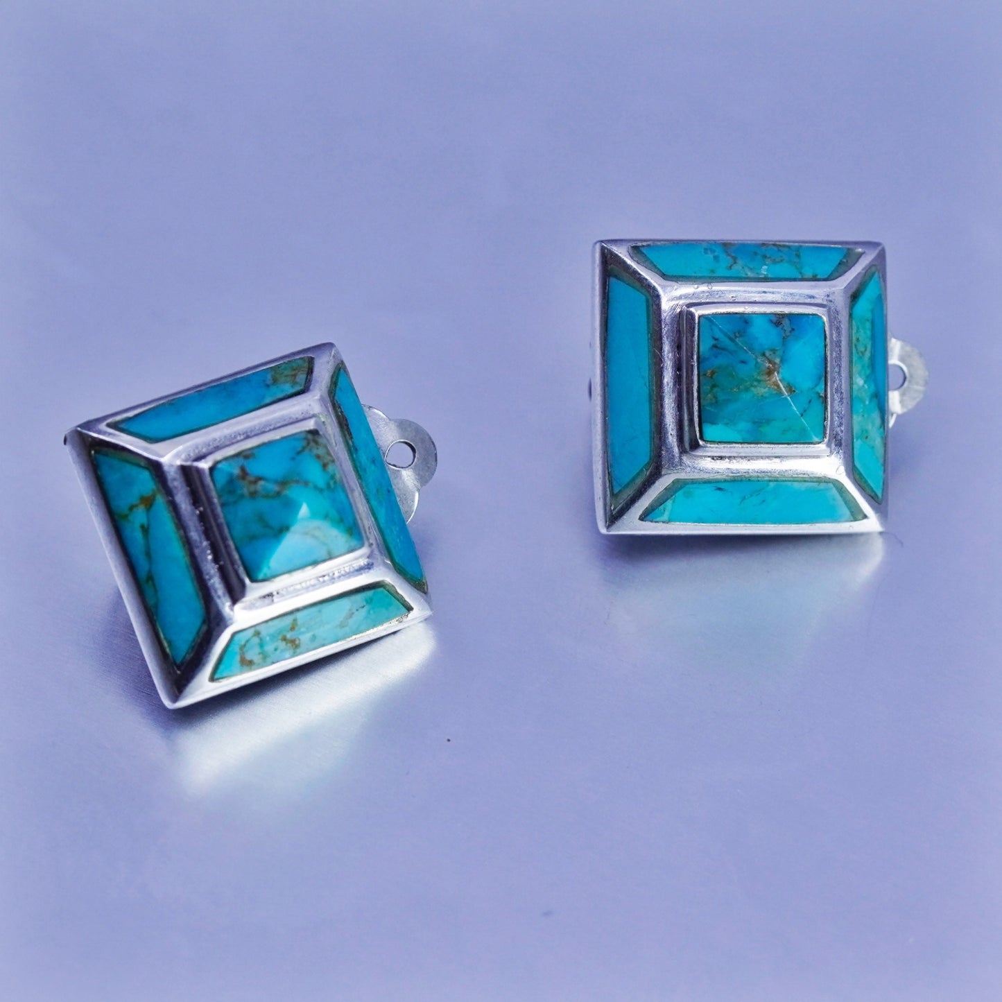Native American Sterling 925 silver handmade earrings, square clip on turquoise