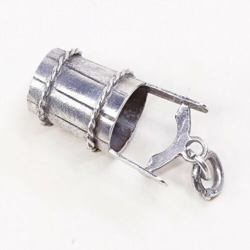 Vintage Sterling Silver Wooden Bucket Pendant, Solid 925 Silver Charm