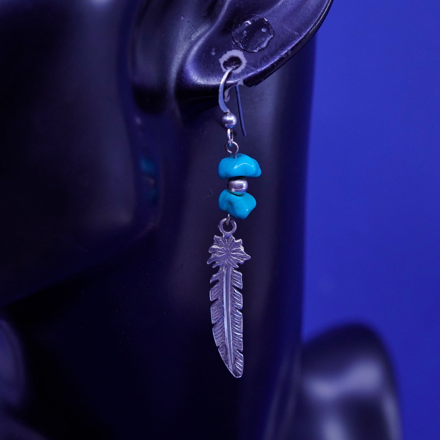 Vintage southwestern sterling 925 silver handmade earrings feathers turquoise