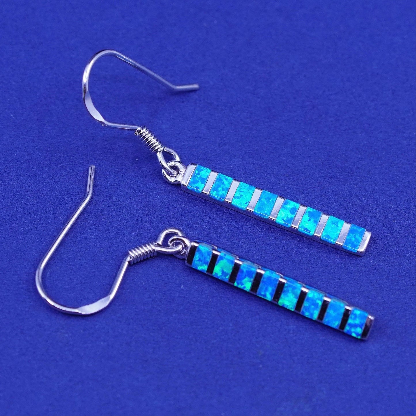 Vintage Zuni sterling 925 silver handmade long earrings with opal inlay