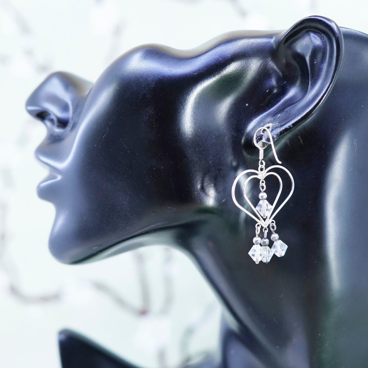 Vintage sterling silver handmade earrings, 925 heart with clear crystal