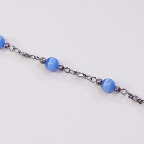 7.75”, Vtg Sterling 925 Silver Handmade Bead Bracelet, Blue Tiger’s Eye beads