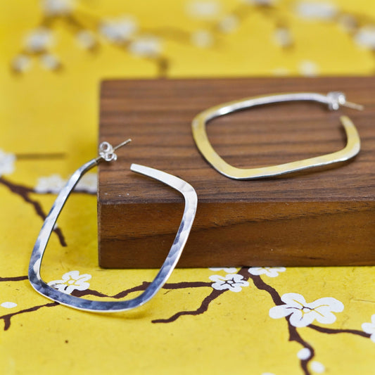 1.5”, 925 sterling silver earrings, hammered square hoops 14K yellow gold posts