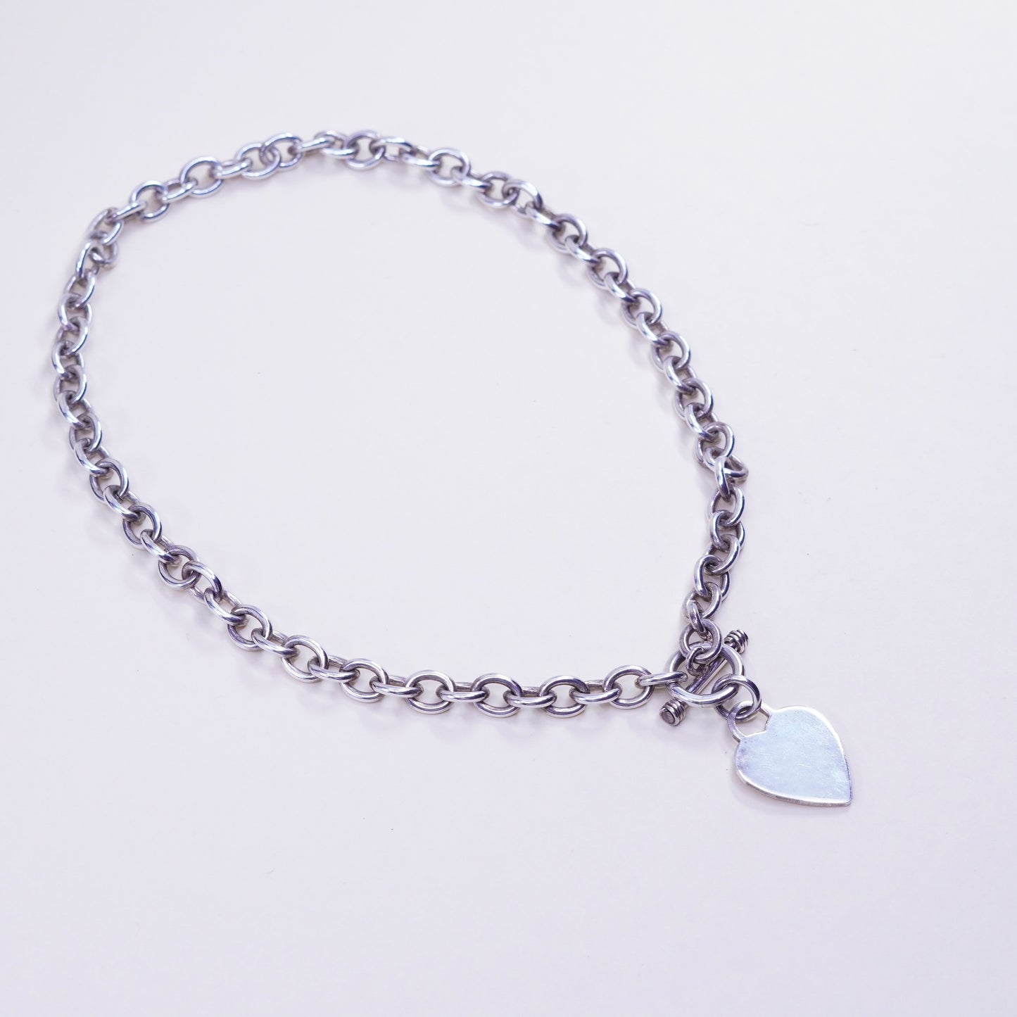 18”, sterling silver charm necklace, 925 handmade bold circle chain heart charm