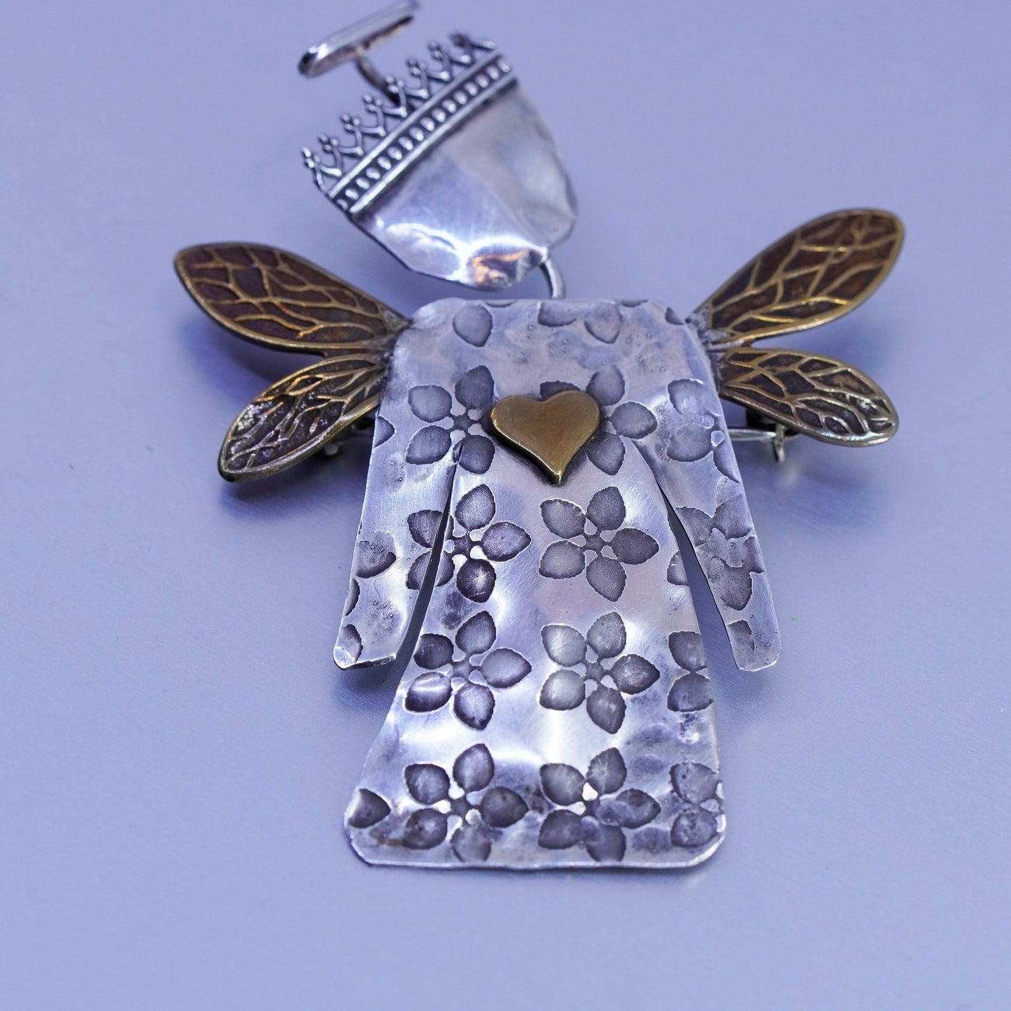 Rita Native American Sterling 925 silver handmade Angel brooch pin copper heart