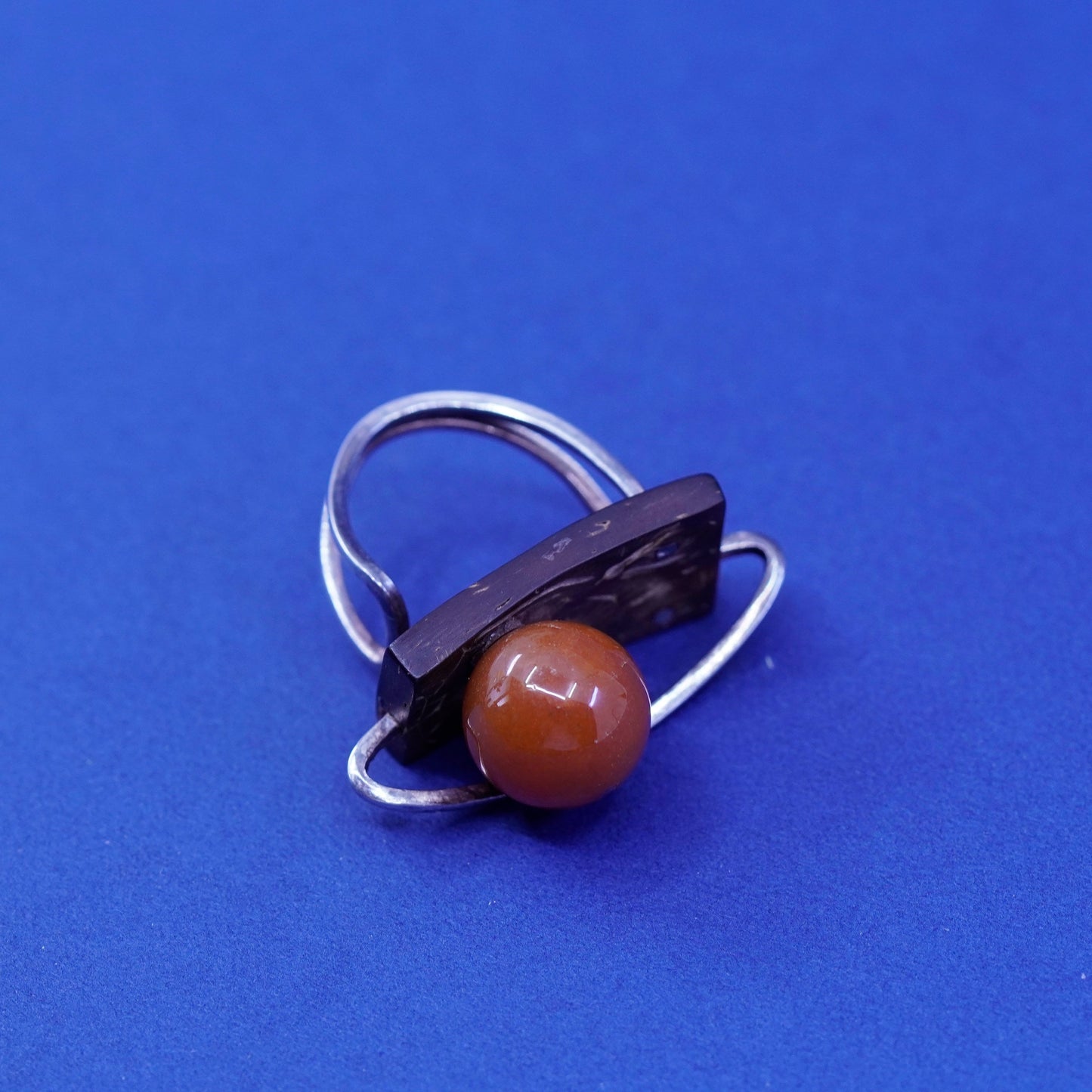 Size 4, vintage Sterling silver handmade ring carnelian wood, Native American