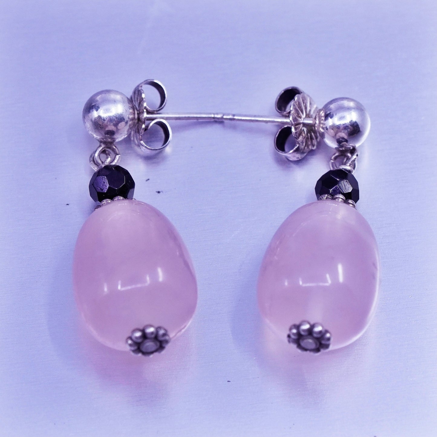 Vintage Sterling 925 silver handmade earrings with pink rose quartz