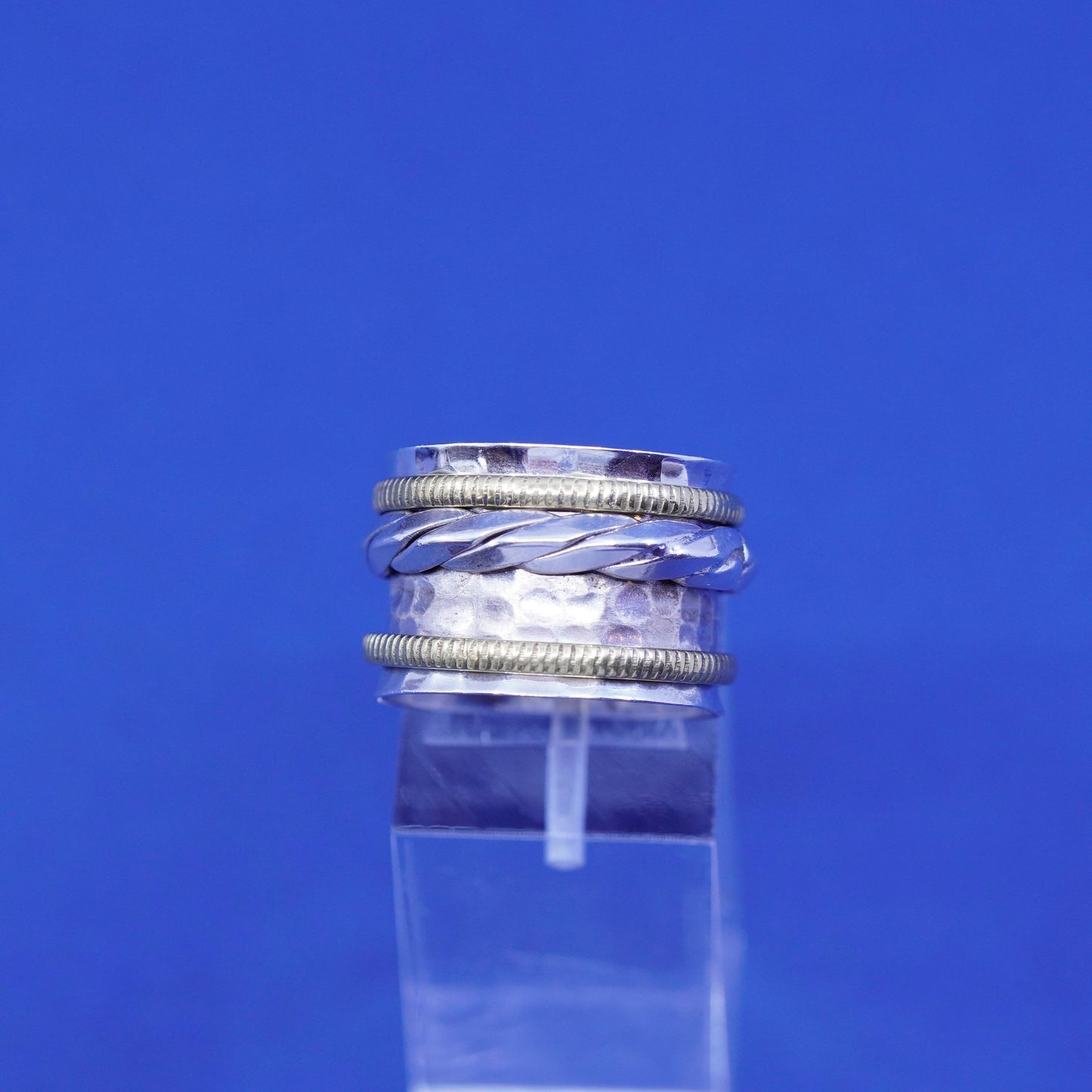 Size 6.5, vtg two tone sterling silver band with copper cable, 925 spinner ring