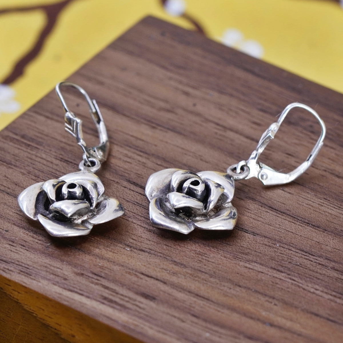 Vintage Sterling silver handmade earrings, 925 rose flower drops