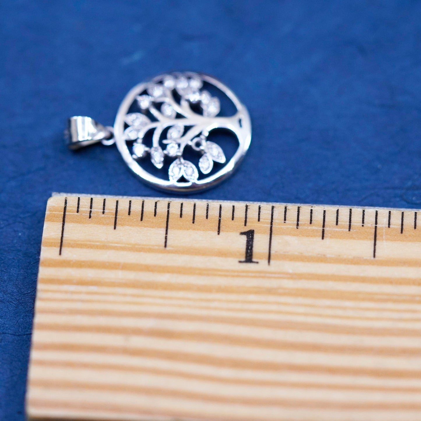 Vintage sterling silver handmade pendant, 925 filigree tree circle and cz