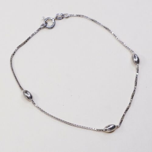 9”, 1mm, Vtg Sterling Silver bracelet, 925 Italy Box chain W/ Beads, Stamped 925