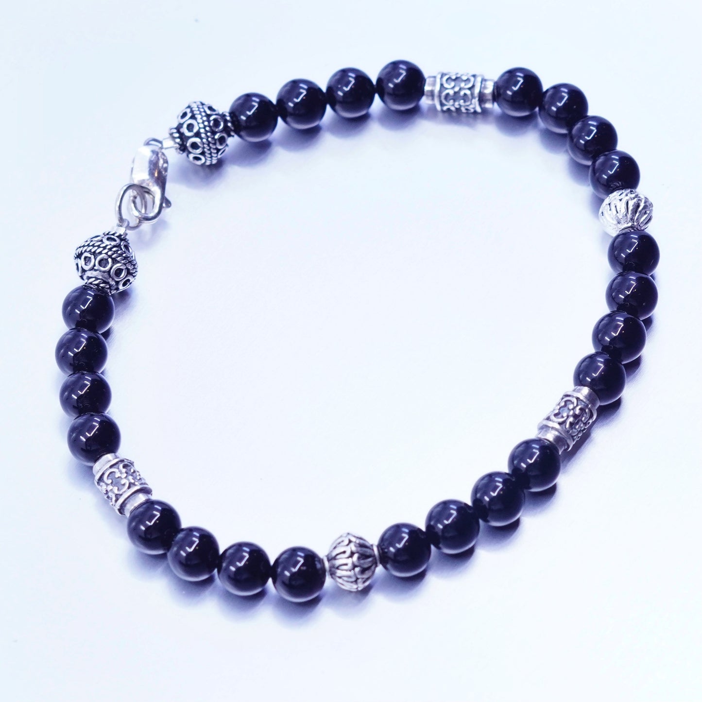 8”, vintage bali Sterling 925 silver bracelet with obsidian beads