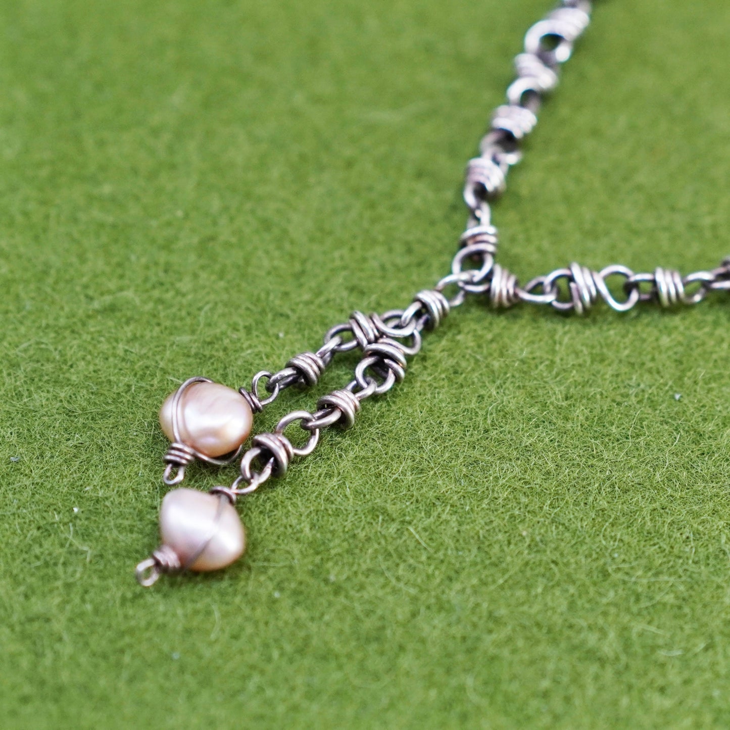 16”, vintage sterling 925 silver handmade necklace, circle chain with pearl