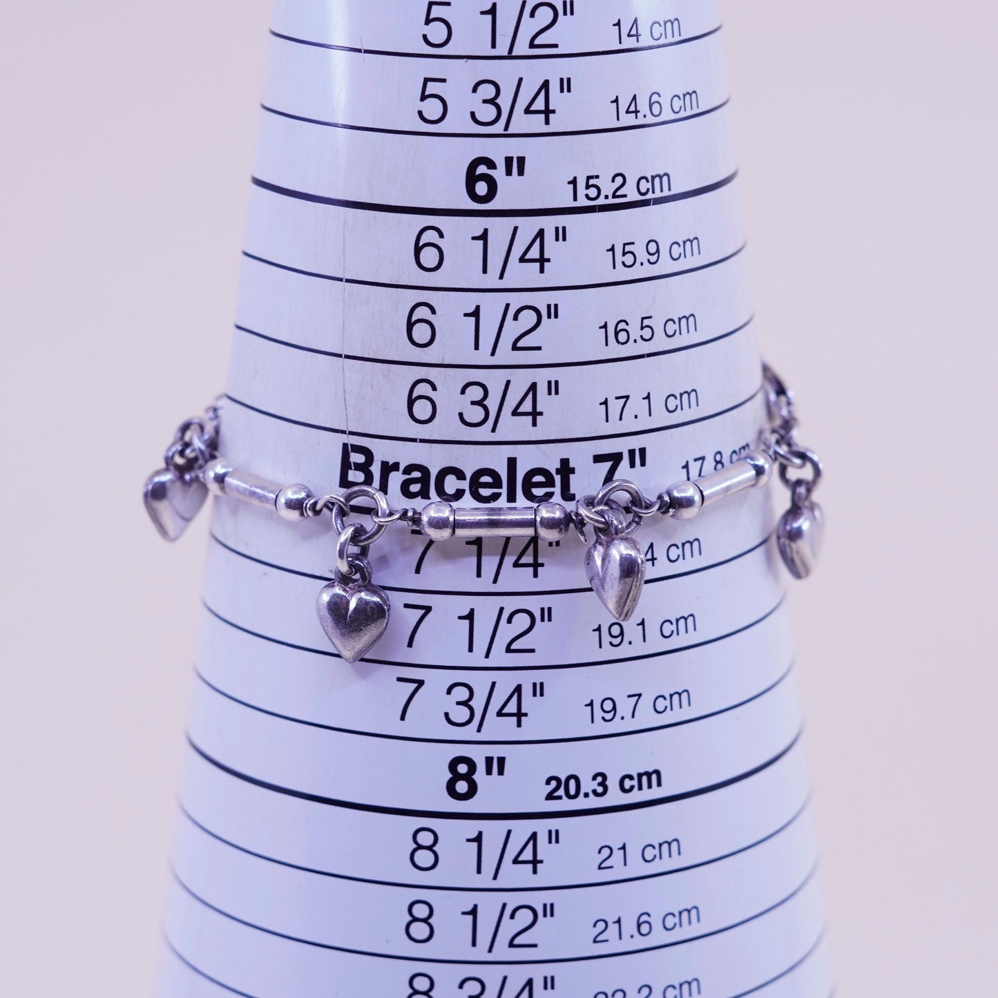 7”, sterling 925 silver circle bracelet, strands circle chain and heart charms