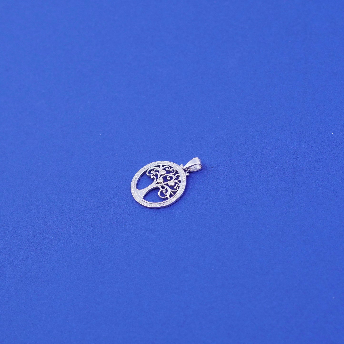 sterling silver handmade pendant, 925 circle w/ filigree tree 10K gold beads