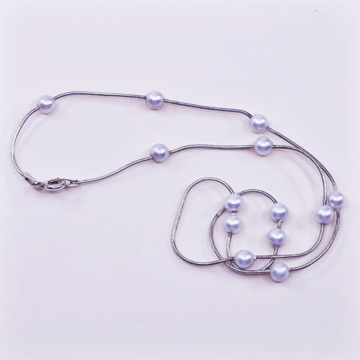 16”, Vintage handmade Sterling 925 silver Snake chain with pearl beads